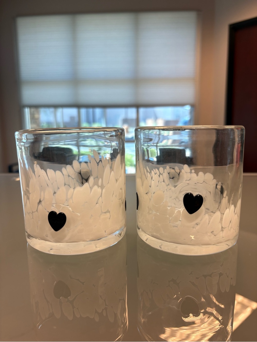 Clear Glass cups with Black Heart Accent - White Speckle